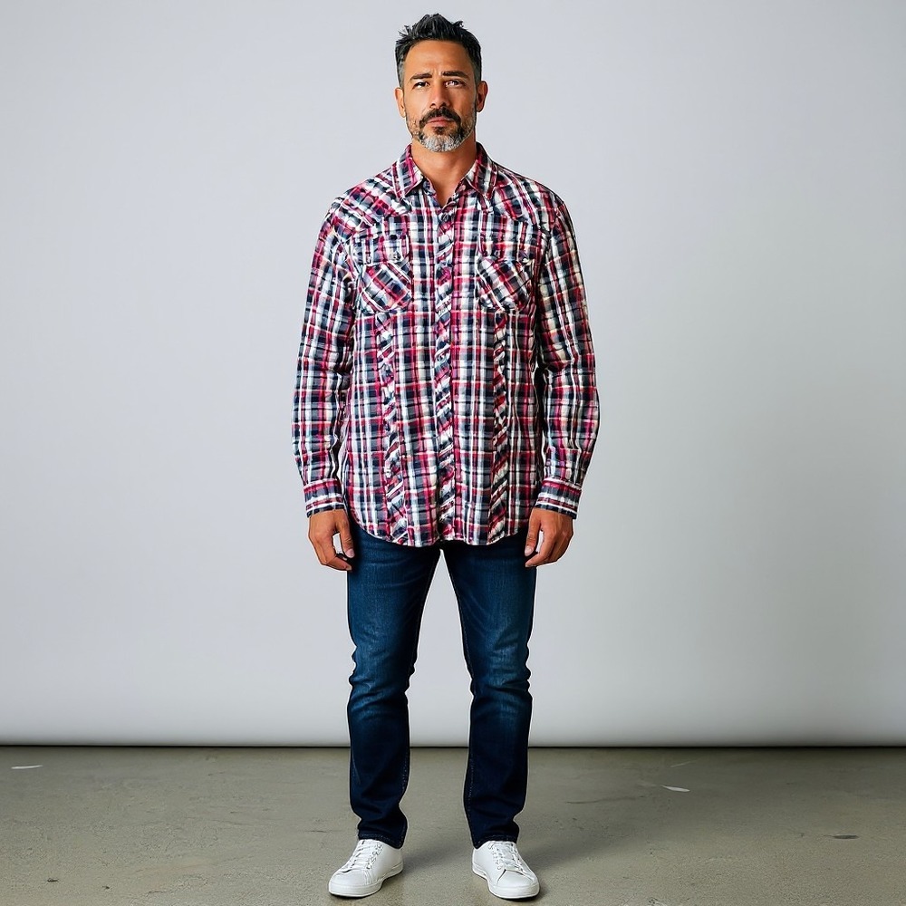 Red Snap Mens Plaid Long Sleeve Button Shirt Red Black White XL Cotton Western